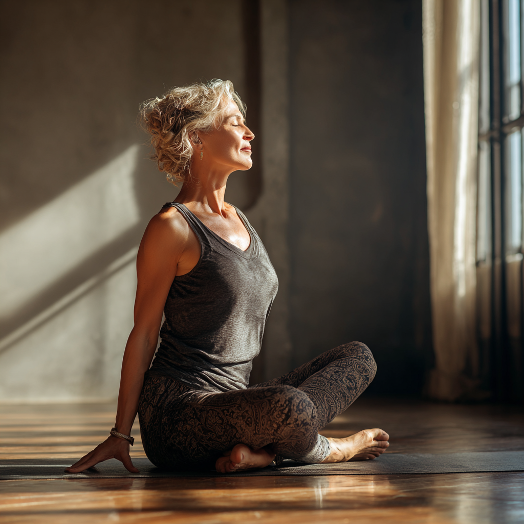 Middle-aged person practicing yoga pose in natural light studio